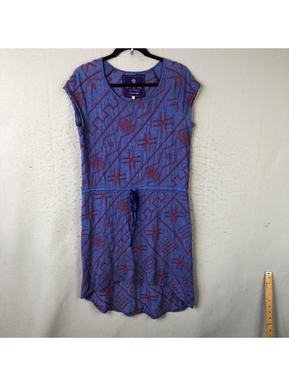 JW Los Angeles Dress Womens S Blue Embroidered T Shirt Drawstring Waist Boho